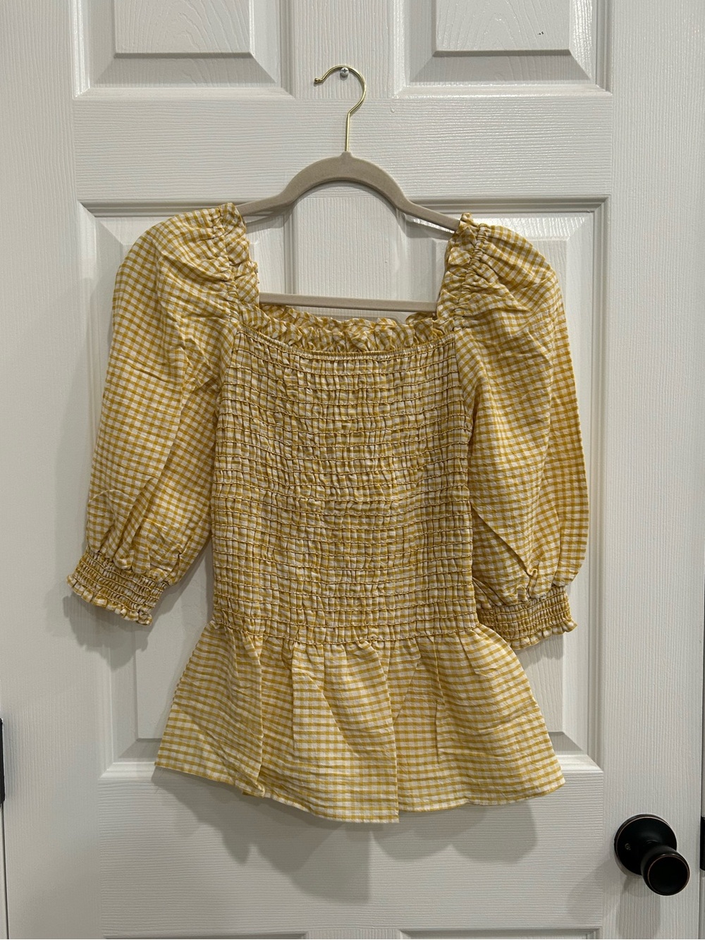 NWT Max Studio Yellow Gingham Print Smocked Top Size Small